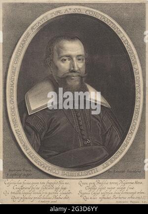 Portrait de Constantine d'Oppyck l'Empereur. Portrait de Constantijn van Pyyck l'Empereur, professeur de théologie à l'Université de Leiden et conseiller de Graaf Johan Maurits, à l'âge de 50 ans. En bas de la marge, deux versets à quatre lignes en latin. Banque D'Images