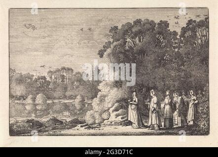 Paysage au mercure et à l'herbe; paysages; Amenissimae aliquot Requculae. Mercure, en haut à gauche dans l'air, tombe amoureux de HERSE, qui apporte des sacrifices avec ses éléments. Quatrième impression de la quatrième partie d'une série de soixante tirages avec des paysages, divisée en cinq parties de chaque douze tirages. Banque D'Images