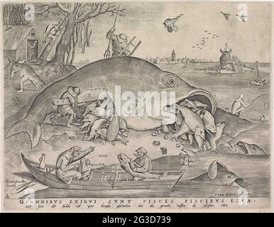 Les grands poissons mangent les petits poissons. Les grands poissons mangent les petits poissons. Un grand poisson qui est pris sur la rive est coupé ouvert par un mâle avec un couteau, laissant beaucoup de petits poissons et coquillages du ventre et de la tasse. Au premier plan un bateau à rames dans lequel un père pointe son fils sur le spectacle et un pêcheur. Sous le spectacle une règle en latin et une règle en néerlandais. Banque D'Images
