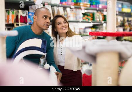 Couple choisissant des fournitures de meubles de chat en magasin Banque D'Images