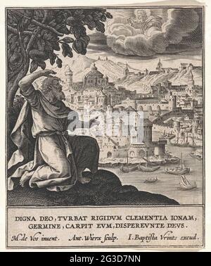 Jonas est sous l'arbre d'émerveillement; Histoire de Jonas. Jonas est assis sur un rocher au-dessus de la ville de Ninive et parle avec Dieu. Cela laisse un arbre pour pousser pour lui, afin que Jonas puisse s'asseoir à l'ombre. Dans la marge une légende à deux pattes en latin. Banque D'Images