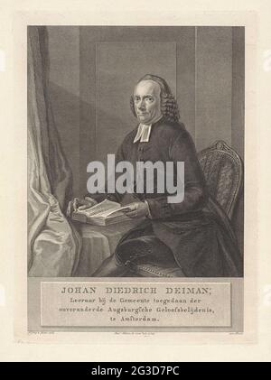 Portrait de Johan Diedrich Deiman. Portrait de Johan Diedrich Deiman, Pastor luthérien à Amsterdam, assis sur une chaise avec une bible pour lui. Banque D'Images