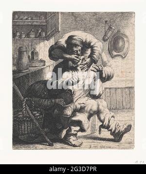 Dentiste. Dans un intérieur, un homme regarde dans la bouche d'un homme assis, dont le sac à ce moment-là est ouvert par une troisième figure. En plus du trio un panier et un bâton. Banque D'Images