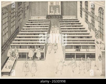 Bibliothèque de l'Université de Leiden; quatre visages de l'Université de Leiden. Bibliothèque de l'Université de Leiden. Intérieur avec les placards avec les livres aux chaînes. Différents visiteurs au premier plan et entre les placards. Sur la gauche une table avec des globes. Sur la droite un placard. Sur les murs cartes, tirages et portraits. Partie d'un groupe de quatre visages de l'Université de Leiden, plus tard utilisé comme illustration dans le supplément du Livre de Meursius sur l'Université de Leiden. Banque D'Images