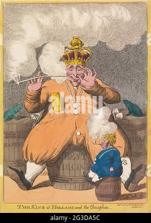 Caricature sur Louis Napoléon, 1806; le roi de Hollande et le Dauphin. Lodewijk Napoléon est assis comme le roi de Hollande, en compagnie de son fils aîné Napoleon Karel Bonaparte, le prince héritier, sur une baignoire. Ensemble, ils fument une pipe au milieu des fûts de tabac et de cigares : un nuage de fumée au-dessus de leur tête. Le roi prend également un peu de tabac dans son nez, une boîte de tabac sort de sa poche. Les deux sont expulsés de vêtements hollandais. Deux grenouilles semblent surpris, une troisième est assise à la couronne royale. Suite à la nomination de Lodewijk Napoleon au poste de Roi van Holland, juin 1806. Banque D'Images