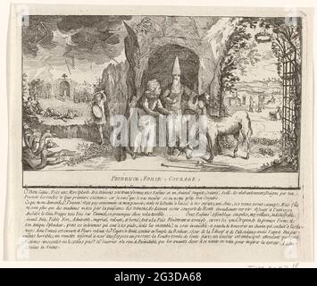 Prudence, force et courage; prudence, Force, courage; Brabant Review, 1787-1790. Allégorie avec centralement dans une grotte trois figures: Une vieille femme, un homme avec un chapeau pointu et une bête à trois têtes sans yeux qui symbolise la prudence, la force et le courage. Derrière eux à gauche un paysage avec un monument pour la liberté au-dessus de cette tempête redémarre, droite un paysage avec la violence de guerre et la tribulation. Avec légende française élémentaire. En ce qui concerne la situation politique des 29 décembre 1787 et 20 janvier 1788. Partie d'un grand groupe de tirages relatifs aux événements de la revue Brabant et t Banque D'Images