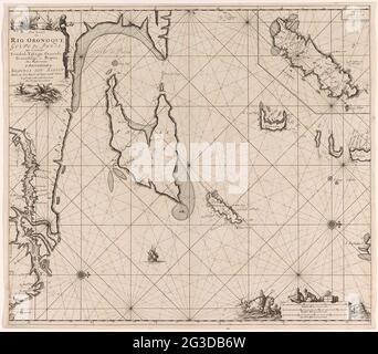 Carte d'accès au golfe de Paria à l'embouchure de la rivière Orinoco ; carte personnalisée du Rio Oronoque Golfo de Paria. Avec d''Eylanden Trinidad, Tabago, Grenade, Granadillos et Bequia. Carte d'entrée de vague de paria avec l'embouchure de la rivière Orinoco et une carte d'insertion de Tobago. Avec deux roses, le nord se trouve sur la droite. Ci-dessus gauche un singe au titre et à l'adresse de l'éditeur. En bas à droite Neptune avec trident et couronne sur un cheval de mer accompagné de deux hommes. Deux hommes avec des balles de marchandises à l'échelle, en allemand, espagnol et anglais ou français miles (échelle: c. 1: 1,100,000). Banque D'Images