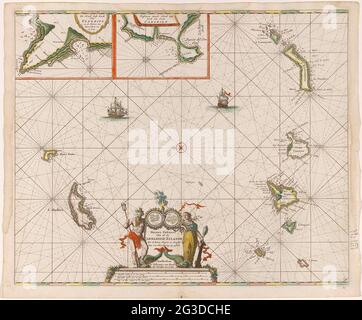 Carte de passage des îles Canaries ; Nouveau Pascaert de tous les Carnary Eynde. Carte maritime des îles Canaries. Avec une rose compas, le nord se trouve sur la gauche. Ci-dessus des cartes détaillées des sections de la côte de Ténérife et de Gran Canaria. Au bas du titre, flanqué de Triton et de la personnification de la prudence. Sous le titre l'échelle en allemand, espagnol et anglais ou français miles. Banque D'Images