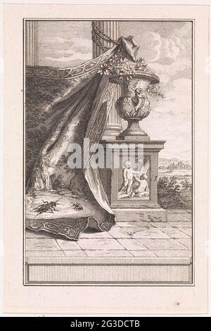 Cicada et ant sur un vêtement. Un tapis a été attaché à une colonne le long d'un vase classique. Un cicadène est un fourmis au coin. Illustration de fabel i la cigale et la fourmi. Banque D'Images