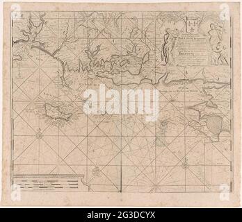 Carte au large de la côte française entre l'île de Groix et la commune de la Baule-Escoublac; Nouveau Pascaart des côtes maritimes de Bretagne à partir de T 'Incoomen de la Loire à T 'Eylandt de Groa / carte Marine des Costes de Bretagne depuis la commande de la rivière de Loire jus'qua Isle de Groa. Carte pas de la côte française de l'île bretonne de Groix jusqu'à la commune de la Baule-escoublac dans la région des pays de la Loire, avec Belle-Île-en-mer, la plus grande île bretonne de l'océan Atlantique. Avec trois roses à boussole. Au milieu d'une mise W Banque D'Images