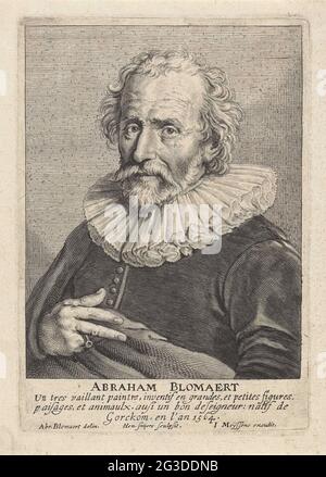 Autoportrait d'Abraham Bloemaert. Autoportrait du peintre et dessinateur Abraham Bloemaert. Sous le portrait son nom et une brève explication de son oeuvre. Banque D'Images