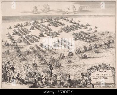 Formation de la flotte avec laquelle Willem III danger pour l'Angleterre, 1688; Ordre Soo si la flotte de Syn Koninglyke Hoogheyt a navigué M. Prince of Orange après Englant, le 11ème MDCLXXXVIII. La formation de la flotte avec laquelle le prince Willem III part de Hellevoetsluis en Angleterre, le 11 novembre 1688. Vue de la formation en perspective de vol d'un oiseau. Au premier plan à gauche, une représentation allégorique de l'arrivée de Willem III par mer pour sauver la religion et le rejet de la guerre et de la foi catholique. En bas à droite une cartouche avec le titre, décorée de branches orange. Un texte s Banque D'Images