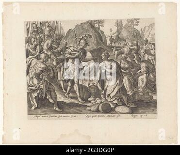 Abigaïl demande pardon à David; Histoire de David et Abigaïl; Thésaurus Sacrarum historiarum Veteris Testamenti (...). Abiginal genoux vers le bas pour David, il lui offre la nourriture et lui demande pardon pour le comportement de son mari Nabal, qui a refusé la nourriture de David. Ses compagnons de combat sont derrière David. Derrière les serviteurs d'Abigaïl avec les pakezels à la nourriture. Sous la montre une référence en latin au texte de la Bible dans 1 Sam. 25. Banque D'Images