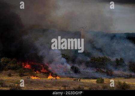 Los Angeles, Californie, États-Unis. 15 juin 2021. Un hélicoptère largue de l'eau à un feu de broussailles qui brûlait dans le secteur récréatif du barrage de Santa Fe, à Irwindle, en Californie, le mardi 15 juin, 2021. Credit: Ringo Chiu/ZUMA Wire/Alay Live News Banque D'Images