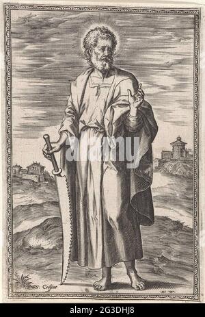 H. Simon Zelotes; Christ et les douze apôtres. Paysage avec l'apôtre Simon Zelotes. Dans une main il tient une scie, avec son autre main il fait un geste. Banque D'Images