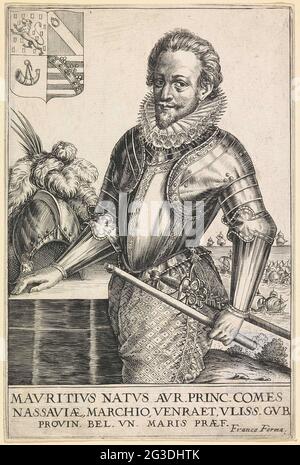 Portrait de Maurits, Prince d'Orange. Portrait de Maurits avec gauche son arme. Il se tient à côté d'une table avec le casque de son armure. Il détient un poste de commandement. Une bataille maritime en arrière-plan. Son nom dans un cadre. Banque D'Images