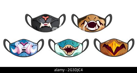 Masques avec fangs d'animaux effrayants isolés sur fond blanc. Ensemble de dessins animés vectoriels de masques médicaux en tissu noir avec impression de panthère, chien, bouche de requin avec dents et bec d'oiseau Illustration de Vecteur