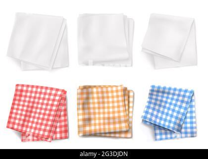 Tables Gingham et serviettes de cuisine blanches vue sur le dessus. Ensemble réaliste de nappes 3d pliées avec motif écossais et serviettes de table en lin isolées sur fond blanc Illustration de Vecteur