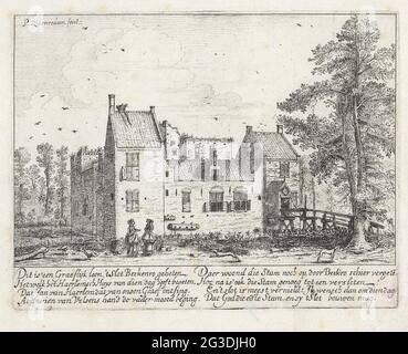 Serrure faciale bouleau rouge. Verrou de vue Berkenrode, près de Haarlem. Au premier plan, deux femmes effectuent une conversation et à droite, un homme où deux chiens sont sortis. Une brève histoire du château dans la marge. Banque D'Images