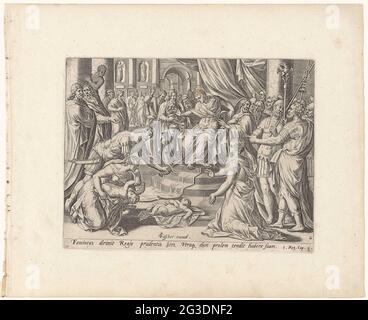 Jugement De Salomon Le Roi Salomon Est Assis Sur Son Trone Et Velle Son Jugement Pour Le Trone Les Deux Femmes Qui Revendiquent Toutes Deux La Maternite De L Enfant Vivant L Enfant Decede