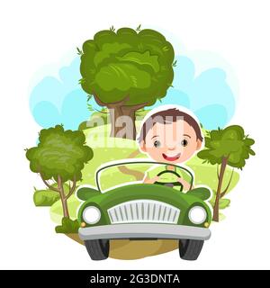 Les enfants se trouvent dans une petite voiture. Un enfant conduit une voiture à pédales ou électrique. Illustration de dessin animé. Isolé. Paysage rural d'été. Vecteur Illustration de Vecteur