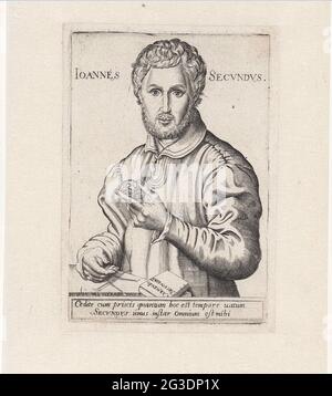 Portrait de Janus Secundus avec un médaillon avec le portrait de Julia; Ioannes Secundus. Portrait de l'écrivain Janus Secundus. Dans sa main, il tient un médaillon avec le portrait de Julia, son premier grand amour, sur qui il a écrit un salut d'amour. Dans la marge une légende à deux pattes en latin. Banque D'Images