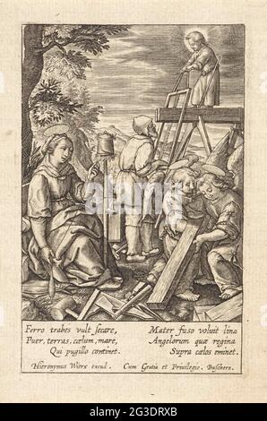 Christind aide Joseph Saw; Jeunesse du Christ; IESV Christi Dei Domini, Salvatoris NRI INFANTIA. Avec son père Jozef, l'enfant du Christ. Deux anges au premier plan soulevant une barre. Maria est le fil de filature. Dans la marge, une légende de six lignes, en deux colonnes, en latin. Banque D'Images