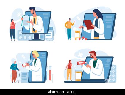 Médecin en ligne. Consultation des patients avec les médecins via smartphone. Nomination médicale virtuelle, pharmacie en ligne, concept de vecteur de télémédecine. Prescription de pilules via une tablette, application pour ordinateur portable Illustration de Vecteur