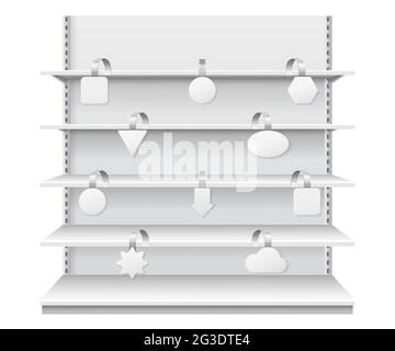 Gobelets sur les tablettes. Les pêcheurs à la ligne de détail accrochés à la tablette du supermarché. Présentation réaliste avec modèle vectoriel d'étiquettes de prix blanches. Boutique ou magasin avec des meubles vides et des étiquettes promotionnelles Illustration de Vecteur