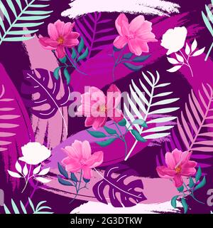 Vector sans couture belle couleur tropicale Monstera, feuilles de palmier et fleurs sur un fond violet. Arrière-plan dessiné à la main pour les tirages, les bannières, fabri Illustration de Vecteur