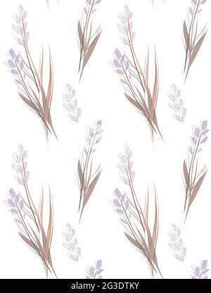 Texture délicate avec bouquets de fleurs de steppe sur fond blanc. Texture florale délicate. Tissu naturel avec dessin d'iris. Mur tendance Vector Illustration de Vecteur