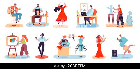 Les artistes. Hommes et femmes avec des professions créatives musicien, artiste, designer, potier, sculpteur. Personnages appréciant leur jeu de vecteurs passe-temps. Temps de loisirs ou travail d'art ou profession Illustration de Vecteur