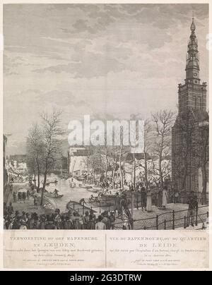 Destruction sur la grange en pierre après les crampes de poudre de Leiden, 1807; destruction sur le Rapenburg à Leijden, causée par le saut d'un navire avec l'herbe de bus chargée, sur le 12ème janvier 1807. Voir le pont vert de la Nouvelle voie / vue du Rapenbourg, ou du quartier de Leide, qui Fut Ruiné par l'explosion d'un bateau chargé de faire à canon, le 12 janvier 1807. Levier du pont vert vers la rue Neuve. Face du Groenebrug sur les travaux de nettoyage des bâtiments détruits pour diriger la grange de pierre après la catastrophe de la poudre de canon le 12 janvier 1807. Sur la droite au premier plan de la salle d'alésage. Banque D'Images