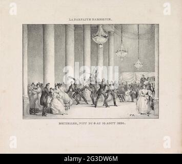 Lutte dans une salle de concert à Bruxelles, 1830; la Parfaite harmonie / Bruxelles, nuit du 9 au 10 Aout 1830. Dessin animé avec un combat entre quatre ou cinq hommes du public dans une salle de concert à Bruxelles, dans la nuit de 9 le 10 août 1830. Banque D'Images