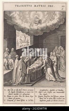 Décès de Maria; Transitvs Matris Dei. Maria est dans le lit. Les apôtres prient autour de son lit. À l'étage peut être vu comment l'âme de Marie est apportée au ciel par des anges. Elle est reçue par Christ. Des lettres correspondant à la légende de la marge sont indiquées dans les différents éléments de l'affichage. Banque D'Images