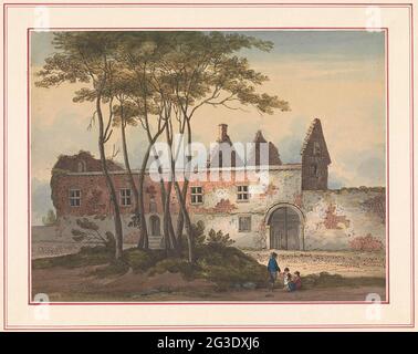 Hoeve Van Hougoumont; sept assiettes de Waterloo et des environs. Les ruines de la ferme et du château de Hougoumont. Lieu de combat intense pendant la bataille de Waterloo. Partie d'une série de sept plaques avec des visages d'environ 1820 de la région où la bataille de Waterloo a eu lieu le 18 juin 1815. Banque D'Images