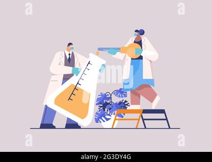 une équipe scientifique charge des échantillons liquides dans des tubes à essai avec des chercheurs en pipettes faisant des expériences chimiques Illustration de Vecteur