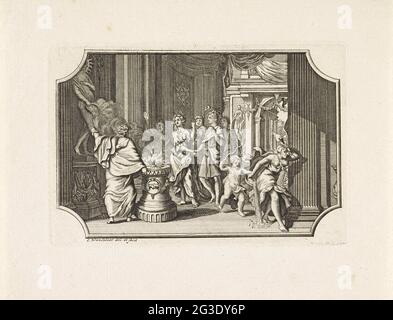 Couple de mariage à une colonne de sacrifice. À l'avant se trouve un prêtre dans une colonne de sacrifice dans un temple. Deux pigeons sont brûlés sur la colonne et la fumée s'élève vers une image qui symbolise l'amour. La colonne est décorée de deux mains consécutives comme symbole de la connectivité et des coeurs comme symboles d'amour. Derrière la colonne il y a un jeune couple qui promet la loyauté. À l'avant droit, Amor chasse son arc la personnification de l'envie avec l'eau le temple dehors. Banque D'Images