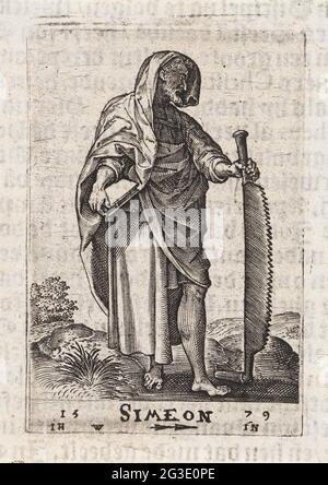 H. Simon Zelotes; Siméon; Christ et les douze apôtres, et H. Paulus. Paysage avec l'apôtre Simon Zelotes. D'une part, il tient un livre, d'autre part une scie. Banque D'Images
