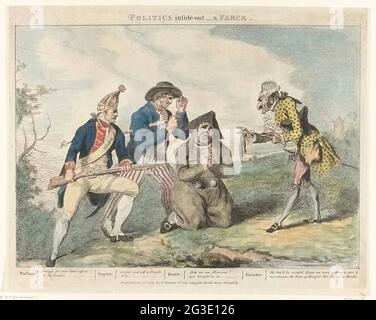 Une course politique; la politique à l'intérieur - une farce; quatre dessins animés anglais sur les Patriots en 1787. Un patriote hollandais s'agenouille sur le sol et demande l'aide d'un Français. Cependant, le Français lui montre voler son exposition vide. À gauche, un soldat prussien et un marin anglais. Dans la légende, les textes des quatre caractères principaux. Partie d'un groupe de quatre caricatures sur les patriotes au moment du raid prussien d'octobre 1787. La version originale avec inscriptions anglaises émises à Londres. Voir aussi la suspension et le couple de dessins animés correspondant. Banque D'Images