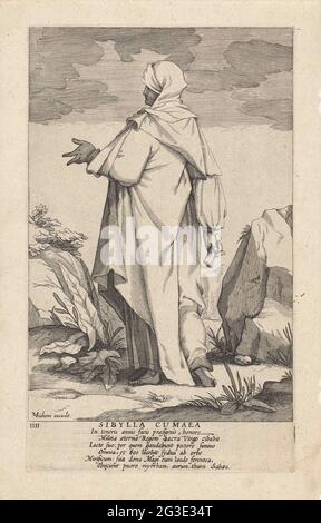 Sibille de cumae; Sibylla cumaea; douze sibilles. Sibille de Cumae, debout dans un paysage. Dans sa main, elle tient un morceau de papier plié. Six nouvelles règles en latin sous l'impression. Banque D'Images