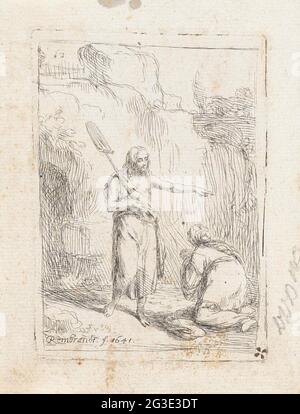 Le Christ apparaît comme un jardinier de Marie Magdalene. Noli me tangere. Christ se tient avec une bêche sur son épaule pour l'entrée de la grotte où il a été enterré. Pour lui Mary Magdalena s'agenouille avec les mains pliées. Christ envoie son chemin pour avertir ses disciples. Banque D'Images