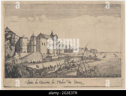 Vue sur le monastère de la mère de Dieu à Lisbonne; Vista do Convento da Madre de Deus; visages sur Lisbonne. Vue sur le monastère de la mère de Dieu à Lisbonne. Des personnages courent sur le quai et la plage pour le monastère. Sur les bateaux du Tage. Banque D'Images