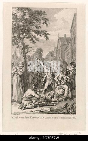 Abus du prédicateur P. van den Bosch à Zoetermeer, 1787; le cadavre du premier. P. van den Bosch abusé. Abus du cadavre de Leiden Remonstrant Patriot preacher P. van den Bosch par des clients Orange à Zoetermeer, novembre 1787. Banque D'Images