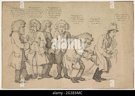 Napoléons dans le traitement des médecins étrangers, 1814. Caricature à l'expansion de Napoleons à l'île d'Elbe, mai 1814. Napoléon est examiné par des médecins surpris des pays alliés : Angleterre, Prusse, Russie, Suède et Autriche. Le médecin anglais regarde le pantalon de Napoléon et remarque sur 'l'oeuf look! Le cœur dans le pantalon ! ' pendant ce temps, Napoléon fit les zones conquises par lui, y compris la Hollande. Banque D'Images