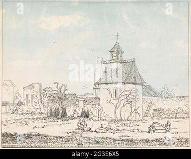 Ruine de Hougoumont; sept assiettes de Waterloo et des environs. Vue sur les ruines du château et de la ferme Hogoumont, lieu de combats acharnés, près de Waterloo. Centre de Kapel. Partie d'une série de sept plaques avec des visages d'environ 1820 de la région où la bataille de Waterloo a eu lieu le 18 juin 1815. Banque D'Images