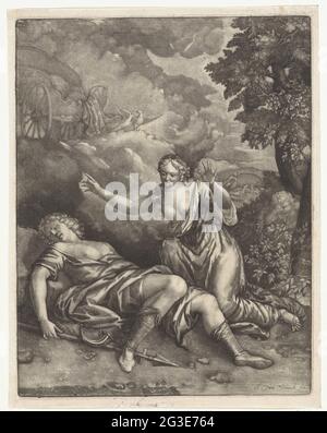Vénus et Adonis. Vénus s'agenouille à Adonis. Sa voiture vide attend dans les nuages. Banque D'Images