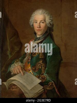 Portrait d'Arnoldus van Rijneveld. Le peintre Louis Tocqué est admis à l'Académie Royale française en 1734. Son travail était très recherché à cette époque. Il a été beaucoup admiré pour sa capacité à évoquer une atmosphère informelle, tout en rendant méticuleusement les somptueux vêtements et accessoires de son sitter. La tenue à la mode d’Arnoldus van Rijneveld, sans aucun doute de Paris, est en velours brodé avec un fil d’or. Banque D'Images