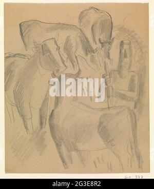 Quatre vaches et un agriculteur. . Banque D'Images