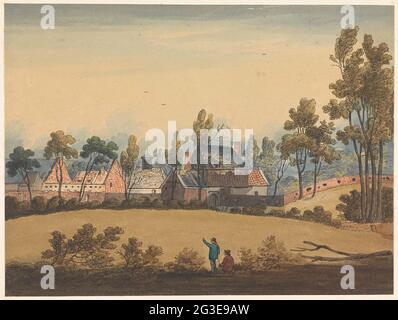 Ruine de Hougoumont; sept assiettes de Waterloo et des environs. Vue sur les ruines du château et de la ferme Hogoumont, lieu de combats acharnés, près de Waterloo. Les ruines vues de loin. Partie d'une série de sept plaques avec des visages d'environ 1820 de la région où la bataille de Waterloo a eu lieu le 18 juin 1815. Banque D'Images